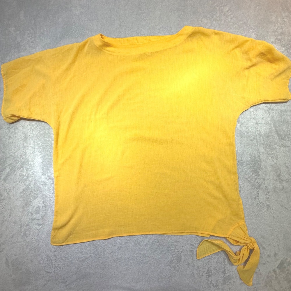 Vintage 70s Shapely Yellow Gauze Side Tie Top Large Cotton Blend Short Sleeve